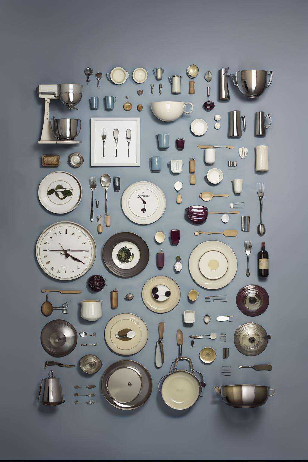 clock, letterboxed, moon, no_humans, simple_background, food, grey_background, cup, bottle, knife, plate, spoon, fork, bread, food_focus, frying_pan, spatula, kitchen_knife, cutting_board, knolling+laydown <lora:laydown:1>