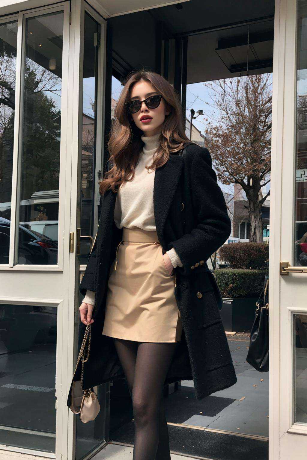 1girl, bag, bare_tree, handbag, indoors, long_hair, pantyhose, solo, tree, window, skirt, blonde_hair, brown_hair, lips, coat, sunglasses, black_coat, fashion, old money<lora:old money:0.8>