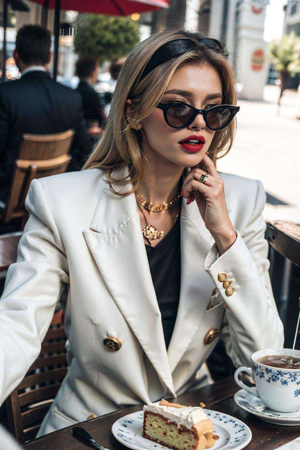 1girl, blindfold, blurry, cake, chair, cup, dish, food, fork, jewelry, necklace, plate, saucer, solo, steak, sunglasses, table, tea, teacup, tray, blonde_hair, sitting, jacket, upper_body, parted_lips, dark_skin, nail_polish, dark-skinned_female, lips, makeup, buttons, blurry_background, formal, ring, white_jacket, suit, red_nails, realistic, red_lips, pov_across_table, old money<lora:old money:1>