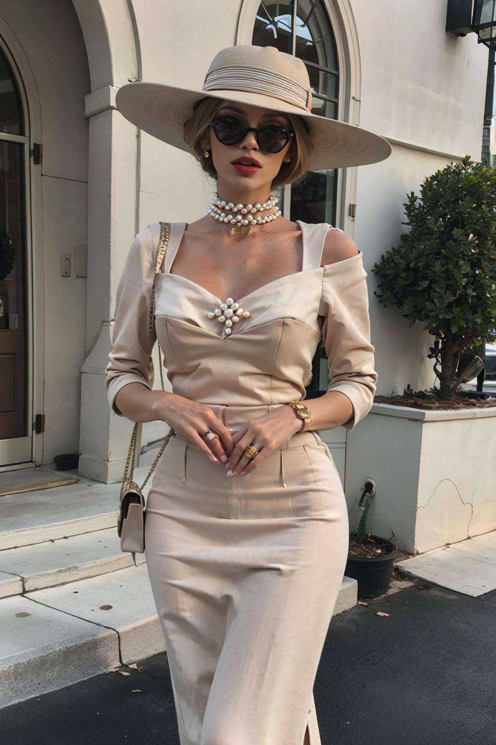 1girl, dress, hat, jewelry, plant, potted_plant, short_hair, solo, sun_hat, white_dress, breasts, blonde_hair, choker, dark_skin, necklace, bag, hair_bun, dark-skinned_female, lips, white_headwear, sunglasses, ring, mature_female, handbag, pearl_necklace, old money<lora:old money:1>