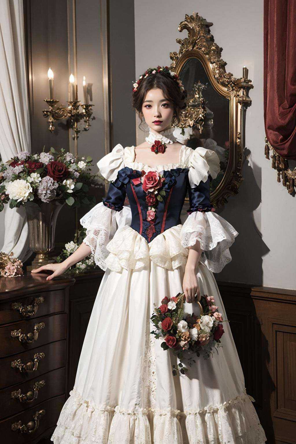 1girl, dress, flower, red_flower, red_rose, rose, solo, frills, indoors, white_dress, ascot,  still_life, victorian<lora:vic:0.8>