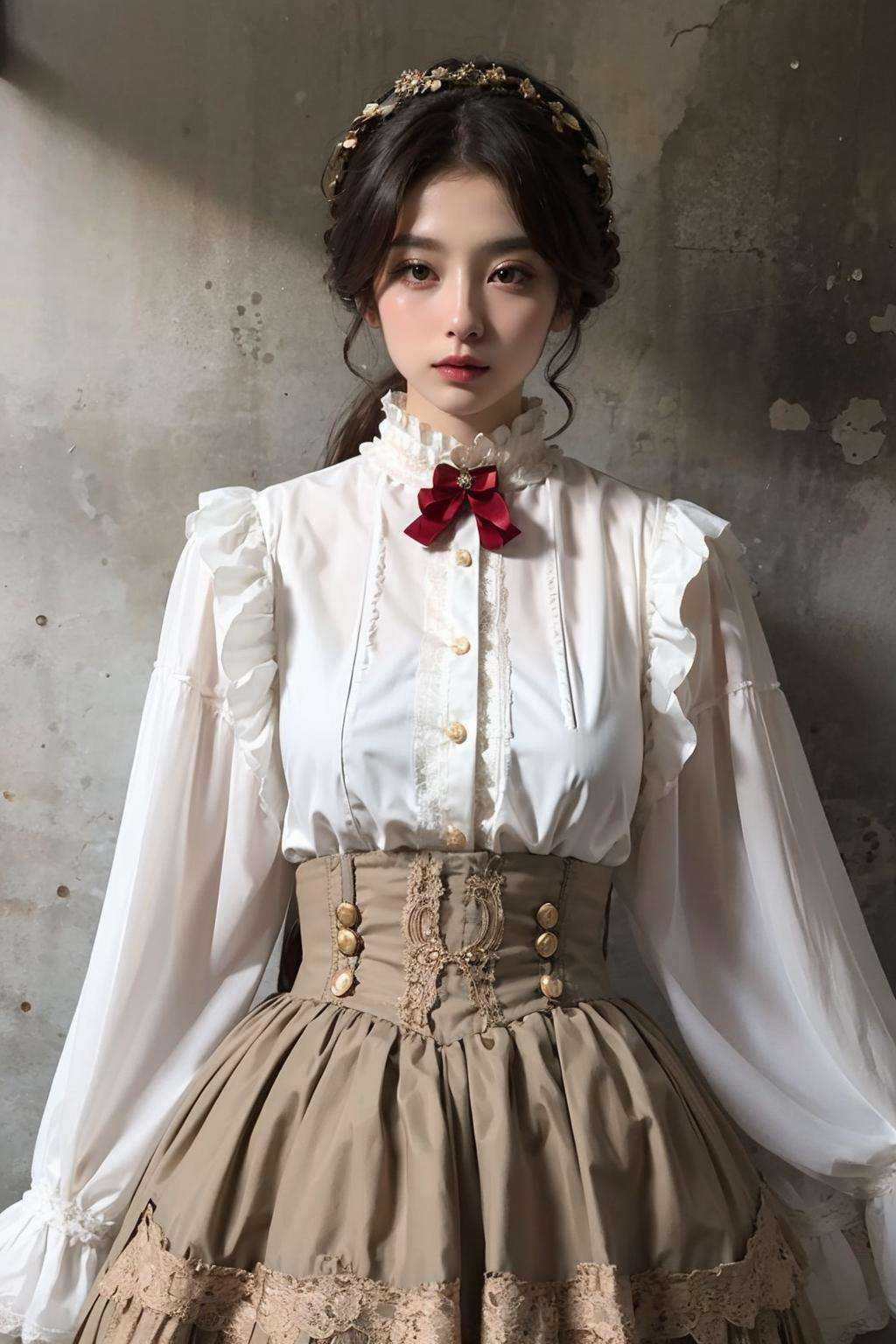 dress, solo, skirt, shirt, long_sleeves, white_shirt, frills, book, lace, victorian<lora:vic:0.8>