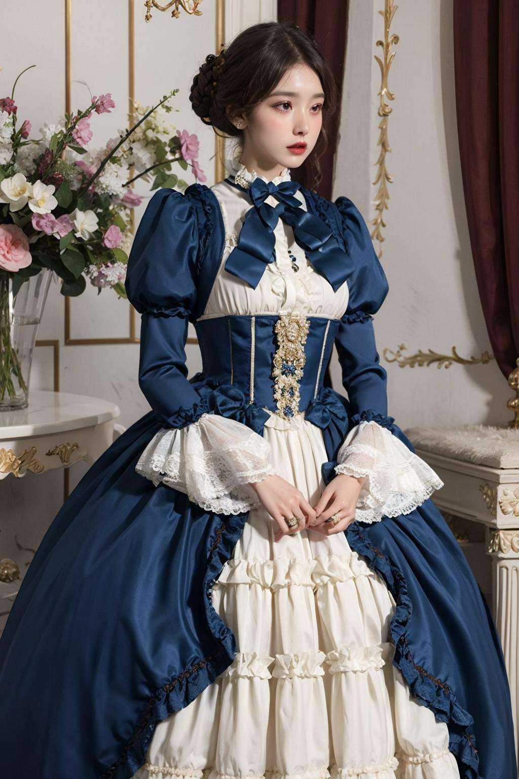 solo, long_sleeves,  dress, frills, blue_bow, frilled_dress, victorian<lora:vic:0.8>