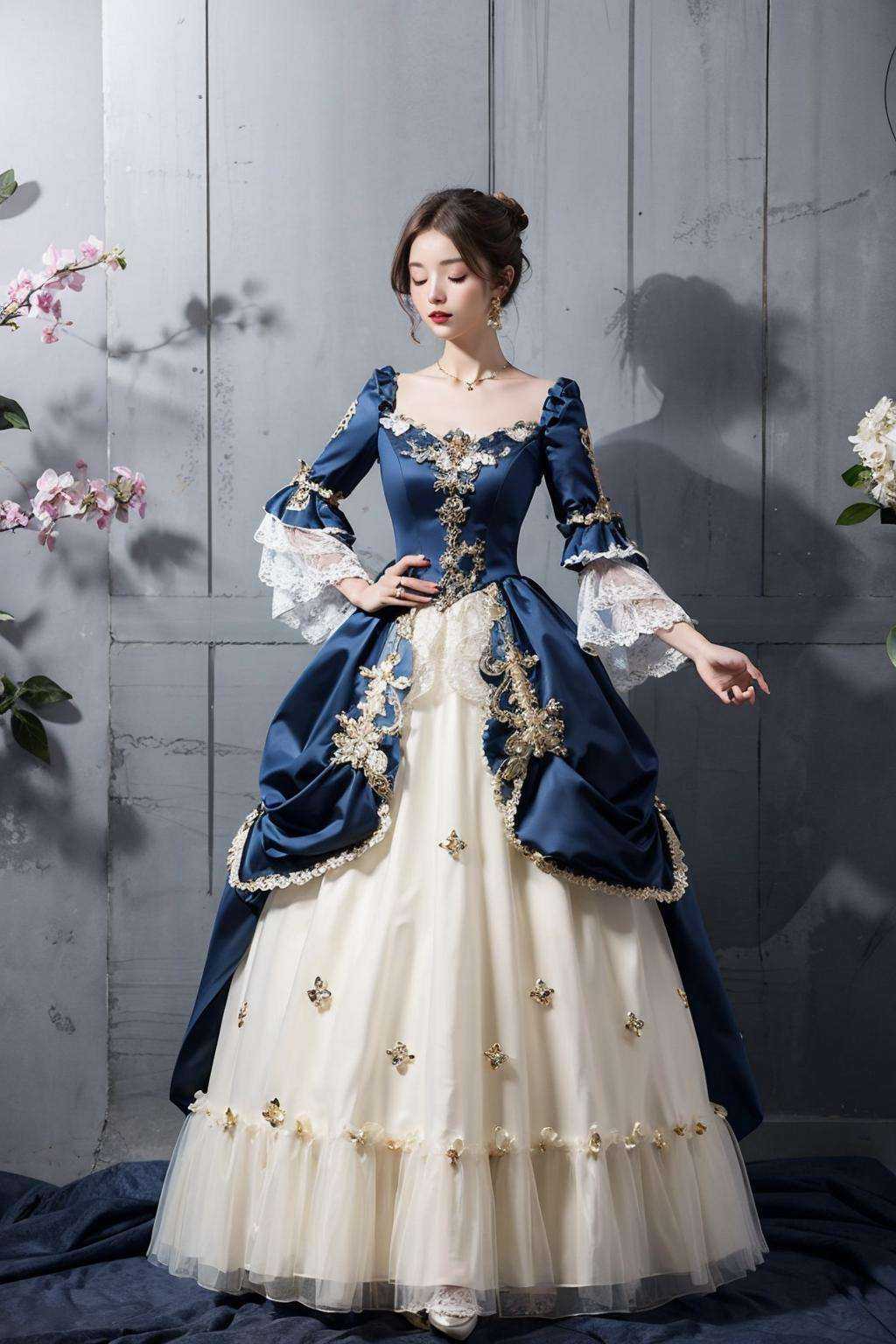 1girl, dress, solo, brown_hair, jewelry, standing, full_body, closed_eyes, earrings, hair_bun, blue_dress, victorian <lora:vic:0.8>