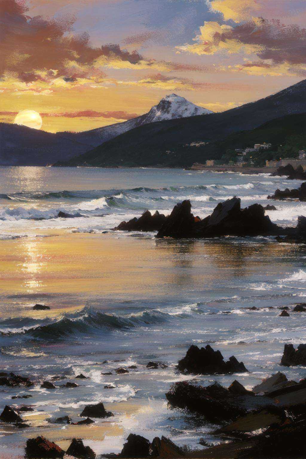 beach, cloud, cloudy_sky, evening, horizon, mountain, no_humans, ocean, orange_sky, outdoors, scenery, shore, sky, star_\(sky\), sunset, water, waves, tree, sun, impressionist 