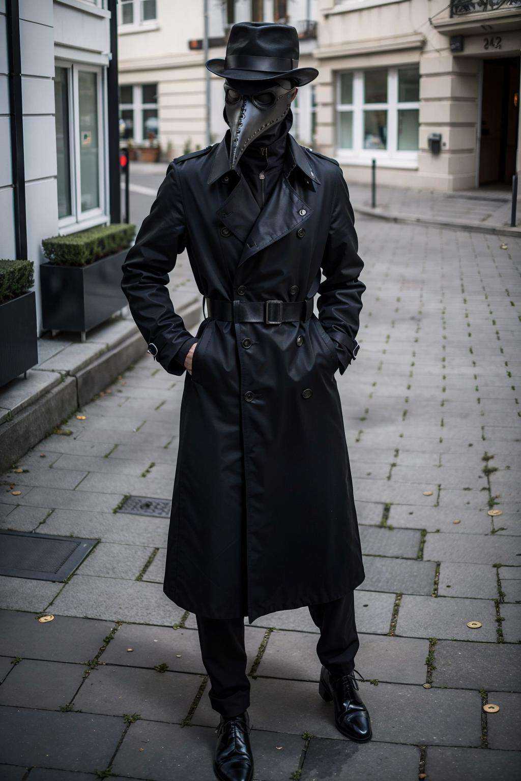 black_coat, black_footwear, black_headwear, boots, buttons, coat, hand_on_hip, hat, solo, standing, medieval street, 1boy, full_body, male_focus, belt, mask, facing_viewer, hands_in_pockets, long_coat, fedora, trench_coat, Plaguecore, outfit<lora:Plaguecore:0.7>
