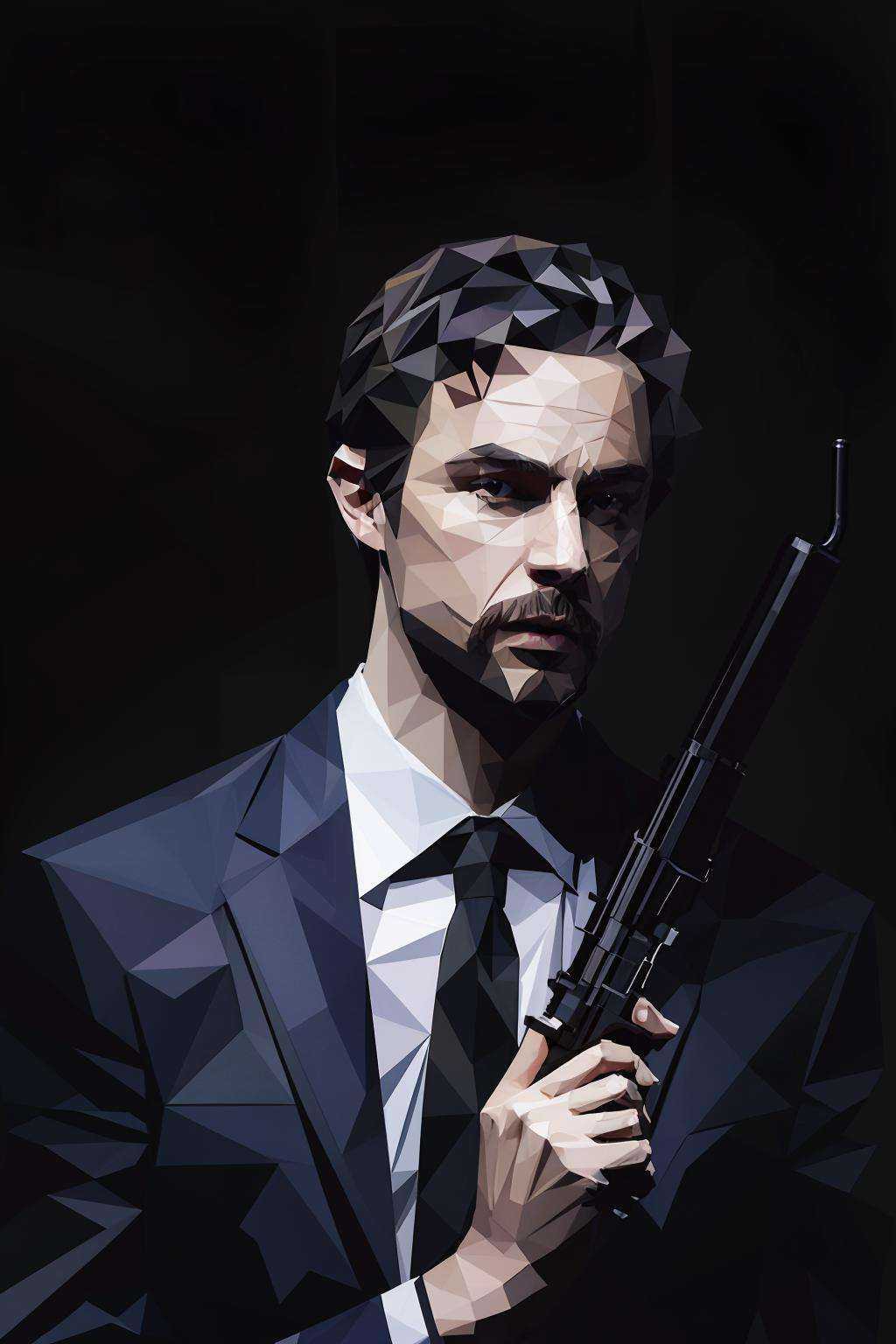 checkered, solo, simple_background, shirt, 1boy, holding, jacket, white_shirt, upper_body, weapon, male_focus, necktie, collared_shirt, holding_weapon, facial_hair, formal, suit, black_background, holding_gun, beard, handgun, smoke, low ploy<lora:low:1>