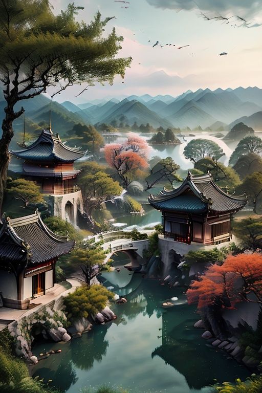 Shen Mengxi's painting "Qianli Jiangshan" depicts a landscape in the style of the Song Dynasty, using meticulous brushwork combined with a touch of freehand brushwork. Among the layered mountains and peaks, pine trees grow, and there is a light green lake with a mirror-like surface. A stone bridge with a pavilion connects two mountains. In the distance, there are continuous far-off mountains and a pale blue sky ((without any clouds)), The setting sun hangs in the sky, creating a captivating scene,claborate-style painting,pixel world,a photo of shanshui by jinliang,zydink,transparent,CS_Jiangnan