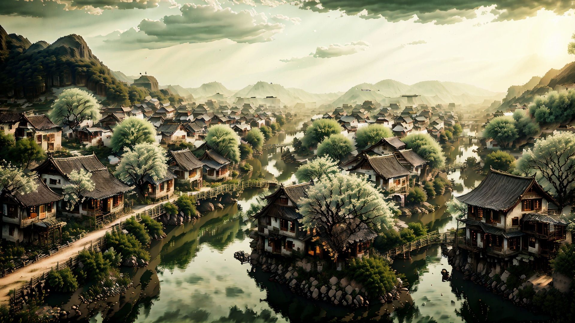 (best quality,ultra-detailed,realistic,RAW photo,8k uhd,ultra high res,photorealistic style,cinematic scenes, masterpiece,dramatic lighting,extremely detailed CG unity wallpaper) ,empty scene,a village by the river in summer,transparent