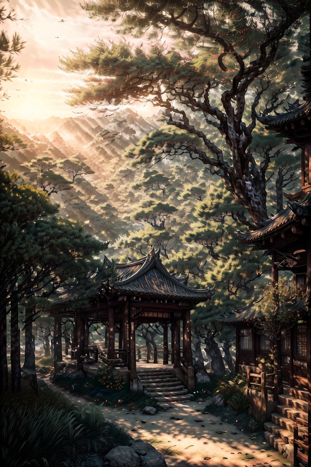 (best quality,ultra-detailed,realistic,RAW photo,8k uhd,ultra high res,photorealistic style,cinematic scenes, masterpiece,dramatic lighting,extremely detailed CG unity wallpaper) ,empty scene,huangshan,pine trees and a pavilion at sunrise