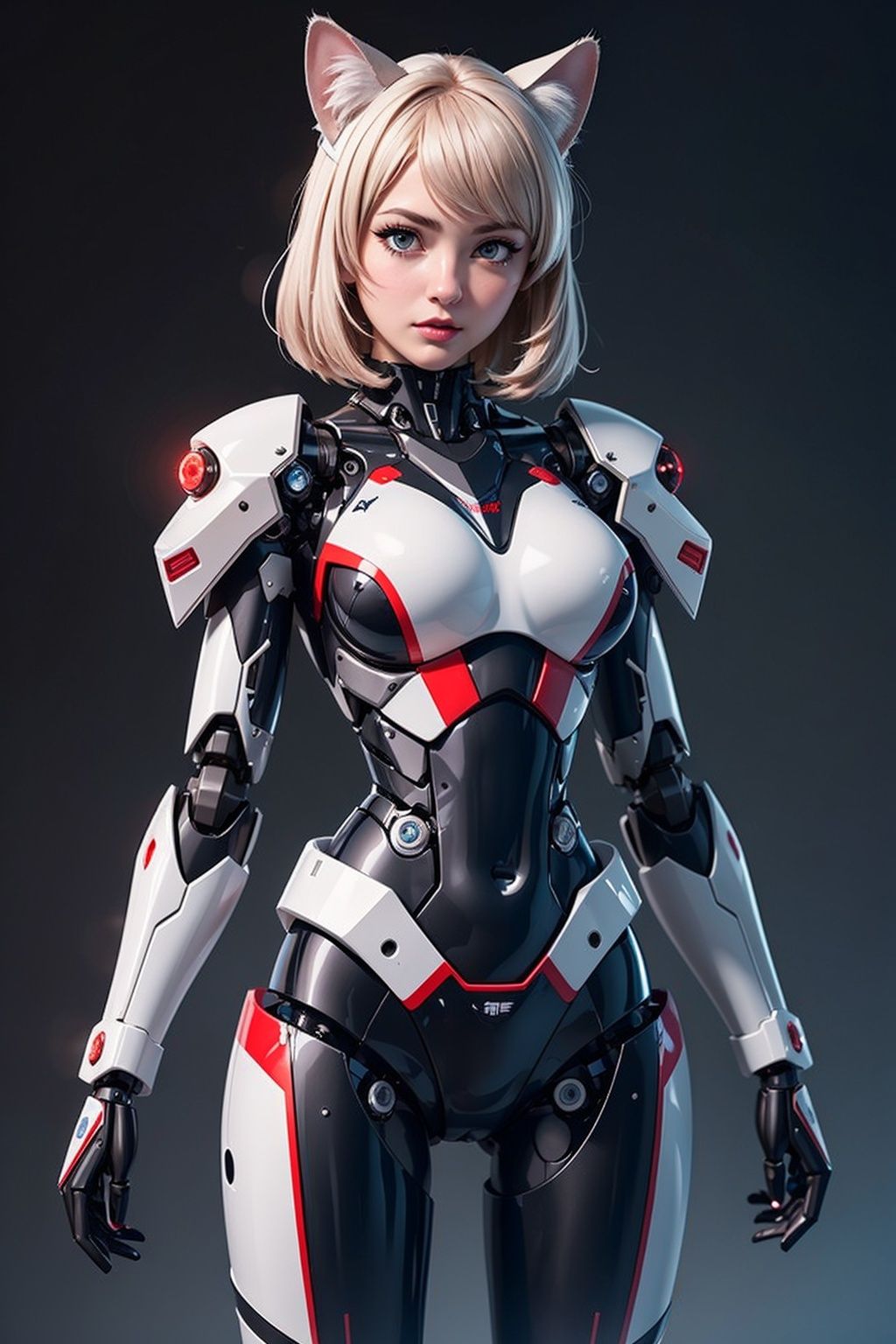 masterpiece,best quality,ultra-detailed, , 1girl,solo,grey theme, mecha musume, mechanical parts,robot joints, blush,standing,cowboy shot, cat ears,sakamata,mecha