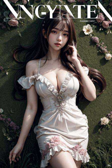 ((masterpiece, best quality)), intricate details, (beautiful and aesthetic:1.2), brown long wavy hair, white frilled dress, lyng on back, (one hand on face and another hand on floor), flower field, tangled, cowboy shot, from above, (magazine cover:1.3), <lora:moreDetails:0.66>,