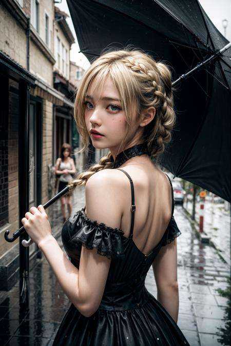 ((masterpiece, best quality)), (realistic:1.3), intricate details, (1 european girl:1.2), blonde braid hair, skin spots, frilled gothic dress, holding umbrella, looking back, street, (rainy), from behind, upper body, cinematic lighting, <lora:moreDetails:0.66>,