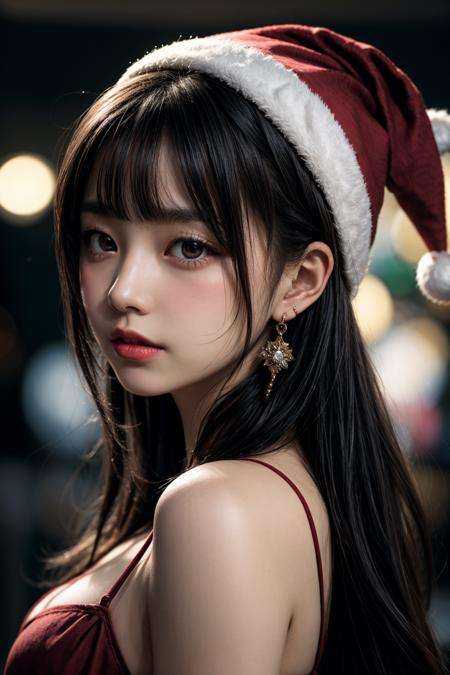 ((masterpiece, best quality)), intricate details, film grain, 1 girl, wavy hair, santa hat, earrings, looking at viewer, from side, portrait, close-up, bokeh, <lora:moreDetails:0.66>,