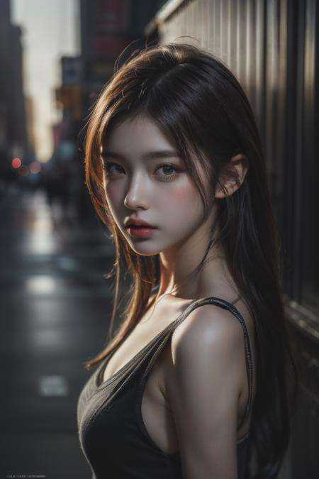 1girl, (looking at viewer:1.2), detail face,  (a girl standing, rending on cgsociety, black shadows, streaming, new york backdrop), romanticism, atmospheric, (RAW photo, best quality), (realistic, photo-realistic:1.3), masterpiece, an extremely delicate and beautiful, extremely detailed,