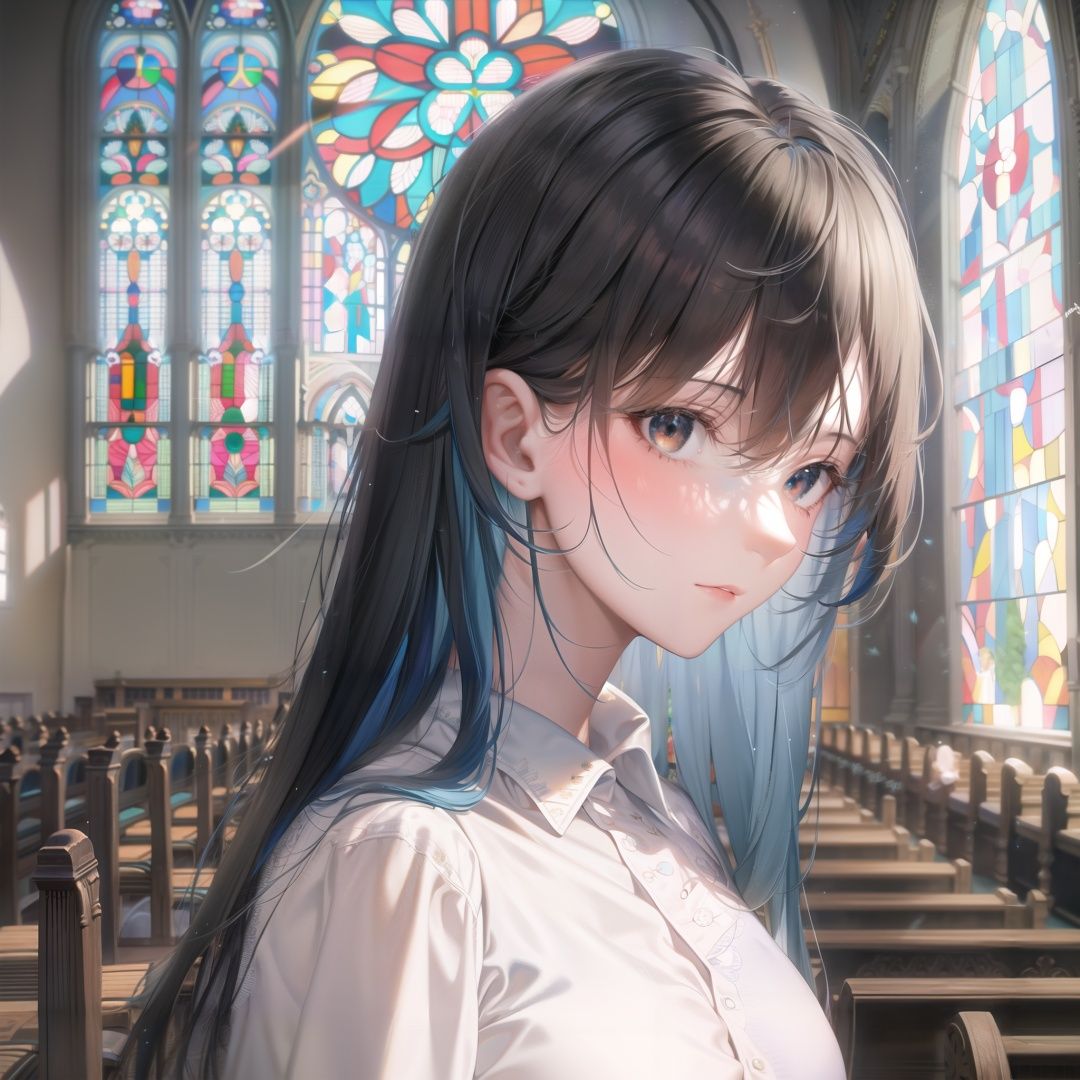 best quality, masterpiece,<lora:guangying:0.8:OUTALL>,1girl,face focus,half body, close up,blue hair, long hair,brown eyes,white shirt,Indoor, church hall,Stained glass church,night,