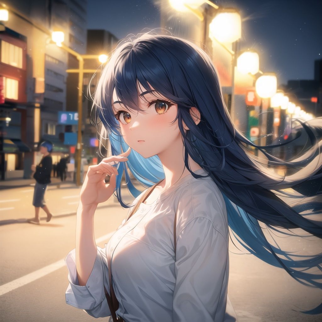 <lora:shou:0.7:AZ>,best quality, masterpiece,1girl,face focus,blue hair, long hair,brown eyes, Hair between eyebrowswhite shirt,(hand up),outdoors,Parks, streetlights,windy,floating hair,night,