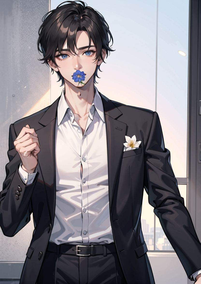 1 boy + cool + suit + with a flower in his mouth + ready to confess + short black hair + detailed face and nose + blue eyes + handsome, masterpiece, best quality
