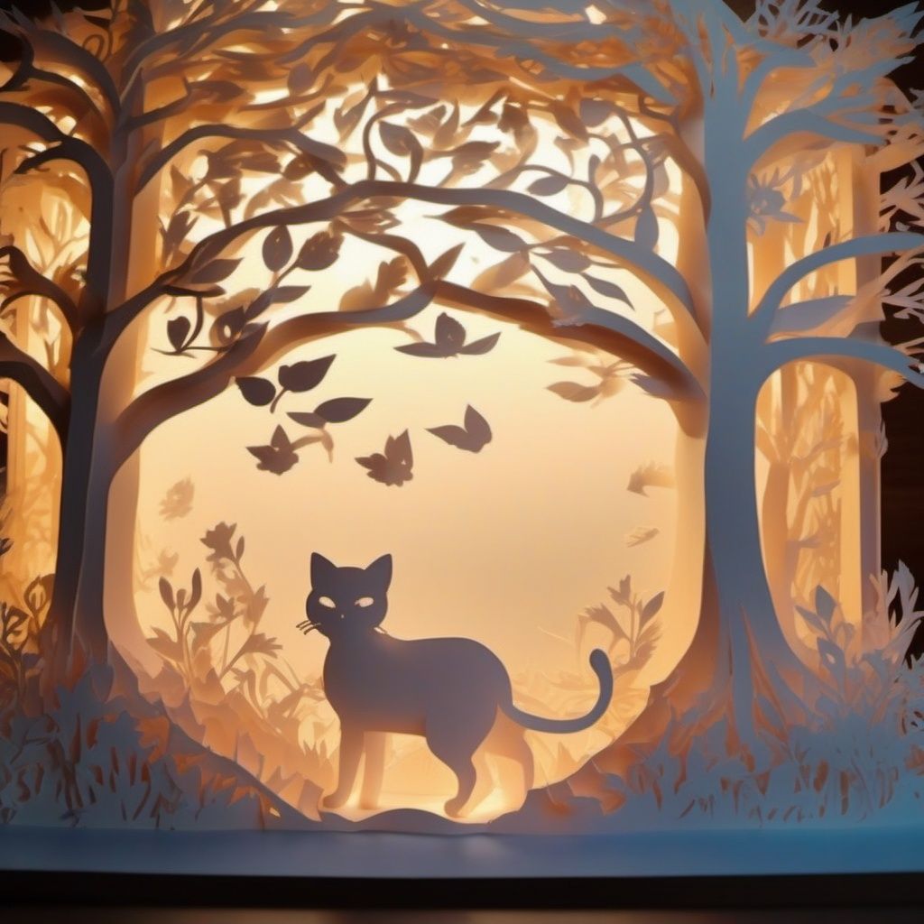 pop-up delicate paper carving artwork with soft backlight illumination,  light in background,  a cute cat under a tree on...