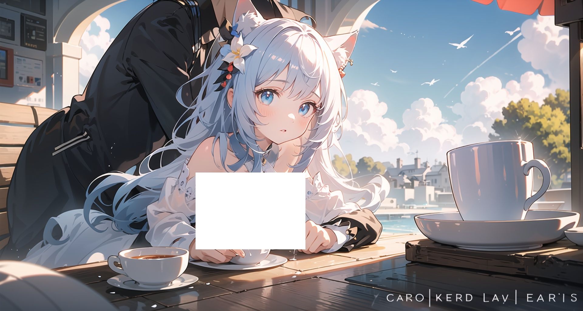 masterpiece,extremely detailed CG unity 32k wallpaper,(best quality),(1girl:1.3),(loli:1.3),(nipples:1.1),(lactating:1.3),leaning forward,(lactating into cup:1.3),wavy hair,absurdly long hair,white hair,earings,beautiful detailed blue eyes,bright pupil f/full bodyl, hair_flower,beautiful hair ornament,detached_sleeves,beautiful detailed  dress,lovely face,earings,looking at viewer,cat ears,cinematic lighting,beautiful detailed sky,flower,Gentle and sunny weather,indoors,midjourney, <lora:EMS-4414-EMS:0.5>, <lora:EMS-3711-EMS:1.3>