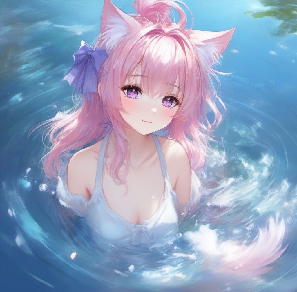 1girl cat ears,anime style,full body,potrait,outdoors,onsen,(solo),(wolf ear fluff),(long_hair),(messy_hair),(ponytail),ahoge,(crystal pink_hair),purple eyes,looking away,(half body under water),((wariza)),blush,((soaked)),(((wet clothes))),(white_shirt),, girl, solo, loli,, (((masterpiece))), (((best quality))), ((ultra-detailed)), (illustration), (detailed light),((an extremely delicate and beautiful)),dramatic_shadow,ray_tracing,, ((masterpiece)), (((best quality))), ((ultra-detailed)), ((illustration)), dynamic angle,dynamic pose, dynamic pose,, Modern Cartoon,, ((beautiful detail light reflective water)),detailed face,((ultra-detailed)),shiny water,Masterpiece,best quality, beautifully painted,highly detailed,detailed clothes,detailed face,detailed eyes,detailed background, detailed skin,large masterpiece digital art, detailed manga illustration, finely detailed,HIGH RES,Stunning art,overexposure,{{{{ by Gaston Bussiere, by Sophie Anderson, by WLOP }}}},(((bow panties))), frilled bra ,, ((((by Paul Hedley)))),(beautiful detailed water), (beautiful detailed sky), ( fluttered detailed splashs),, by Karl Kopinski,momoko,cat ears