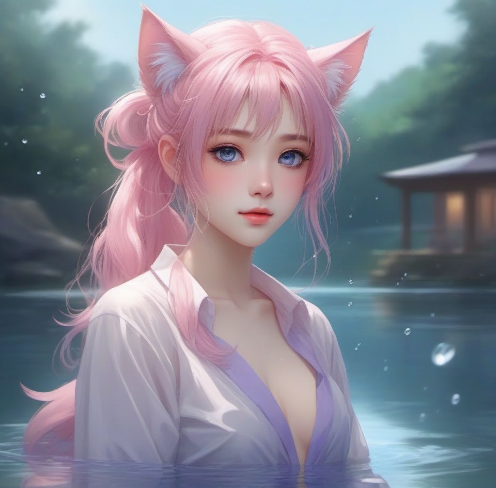 1girl cat ears,anime style,full body,potrait,outdoors,onsen,(solo),(wolf ear fluff),(long_hair),(messy_hair),(ponytail),ahoge,(crystal pink_hair),purple eyes,looking away,(half body under water),((wariza)),blush,((soaked)),(((wet clothes))),(white_shirt),, girl, solo, loli,, (((masterpiece))), (((best quality))), ((ultra-detailed)), (illustration), (detailed light),((an extremely delicate and beautiful)),dramatic_shadow,ray_tracing,, ((masterpiece)), (((best quality))), ((ultra-detailed)), ((illustration)), dynamic angle,dynamic pose, dynamic pose,, Modern Cartoon,, ((beautiful detail light reflective water)),detailed face,((ultra-detailed)),shiny water,Masterpiece,best quality, beautifully painted,highly detailed,detailed clothes,detailed face,detailed eyes,detailed background, detailed skin,large masterpiece digital art, detailed manga illustration, finely detailed,HIGH RES,Stunning art,overexposure,{{{{ by Gaston Bussiere, by Sophie Anderson, by WLOP }}}},(((bow panties))), frilled bra ,, ((((by Paul Hedley)))),(beautiful detailed water), (beautiful detailed sky), ( fluttered detailed splashs),, by Karl Kopinski,momoko,cat ears,bingnvwang,pink mecha,1girl