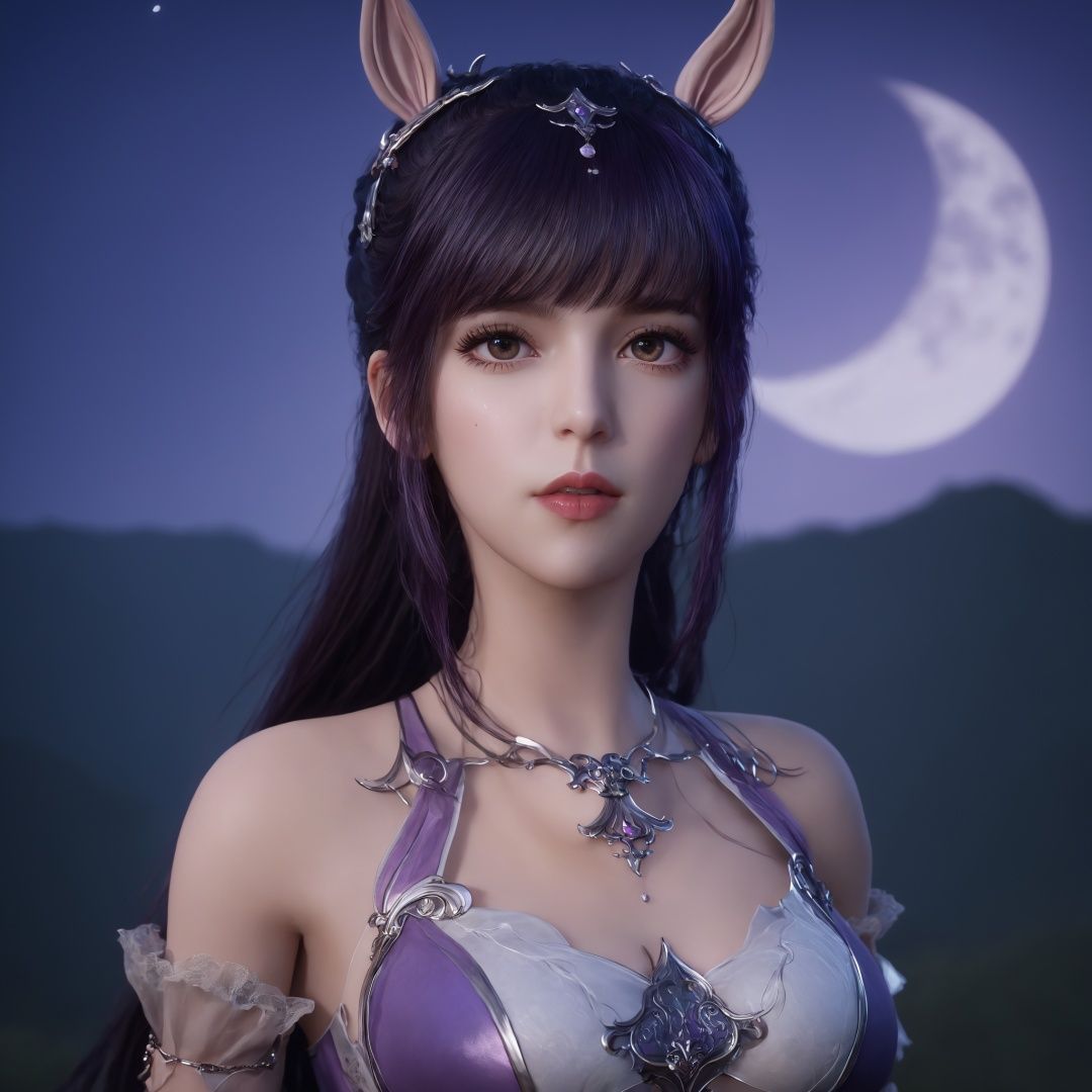 highres, masterpiece, 8k, 4k, (realistic photo), (photorealistic), ambient_light1girl, bangs, bare shoulders, black hair, blunt bangs, breasts, cowboy shot, full moon, jewelry, lips, long hair, looking at viewer, makeup, medium breasts, night, purple hair, purple lips,<lora:sdxl_lora:1>