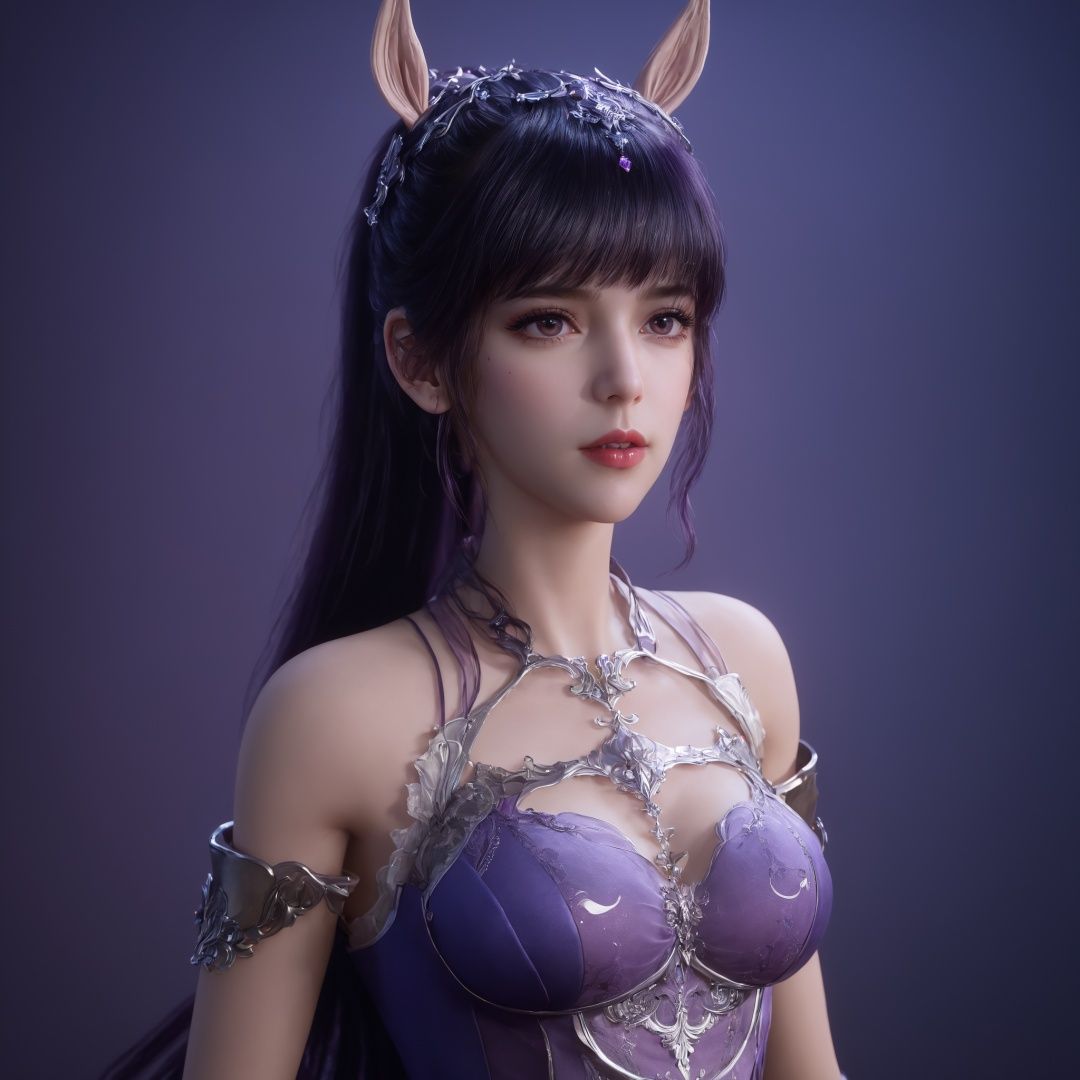 highres, masterpiece, 8k, 4k, (realistic photo), (photorealistic), ambient_light1girl, bangs, bare shoulders, black hair, blunt bangs, breasts, cowboy shot,jewelry, lips, long hair, looking at viewer, makeup, medium breasts, night, purple hair, purple lips,<lora:sdxl_lora:1>