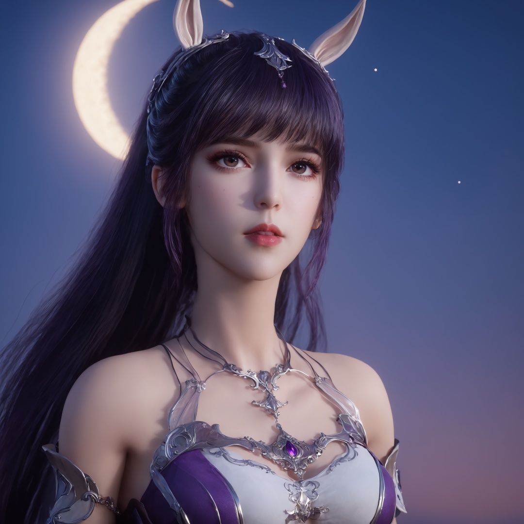 highres, masterpiece, 8k, 4k, (realistic photo), (photorealistic), ambient_light1girl, bangs, bare shoulders, black hair, blunt bangs, breasts, cowboy shot, full moon, jewelry, lips, long hair, looking at viewer, makeup, medium breasts, moon, night, purple hair, purple lips, sky, solo<lora:sdxl_lora:1>