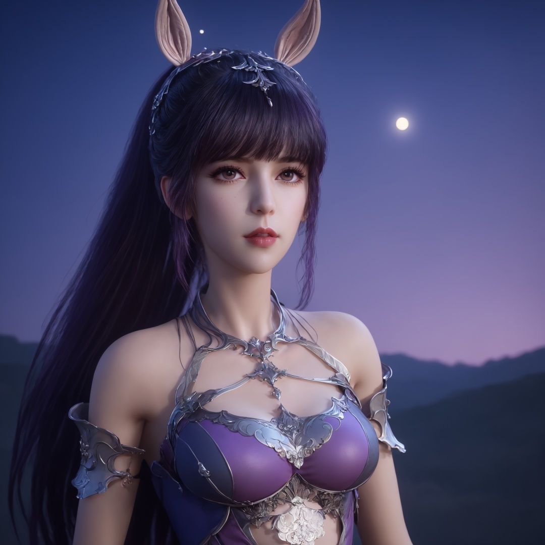 highres, masterpiece, 8k, 4k, (realistic photo), (photorealistic), ambient_light1girl, bangs, bare shoulders, black hair, blunt bangs, breasts, cowboy shot, full moon, jewelry, lips, long hair, looking at viewer, makeup, medium breasts, night, purple hair, purple lips,<lora:sdxl_lora:1>