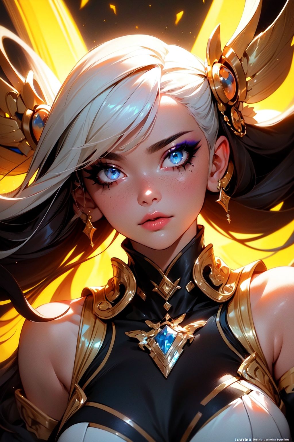 (Masterpiece:1.2), best quality, (illustration:1.2), enticing,(Masterfully crafted Glow, lens flare), (ultra-detailed), hyper details, (delicate detailed), (intricate details), (cinematic light, best quality Backlights), clear line, solo female, solo female, perfect body, (1girl), bioluminescent hair, glowing eyes, slightly close eyes, fantasy, (Dynamic:1.2), ((makeup)), high contrast, (best illumination, an extremely delicate and beautiful), ((cinematic light)), colourful, powerful, (Cinematic masterpiece), photoshoot, Fate Grand Order, mythic, splashes of colour, absolutely eye-catching, ((colourful paint splashes on background, dulux,)), ((caustic)), dynamic angle, beautiful detailed lights, (Captivating),(Intricately Detailed Cinematic Guild Hall:1.1), ambient occlusion, ambient light, ray-traced reflections, intricately detailed glint blade phalanx, subsurface scattering, (fantasy leader:1.2), vibrant , high contrast, table, leaning