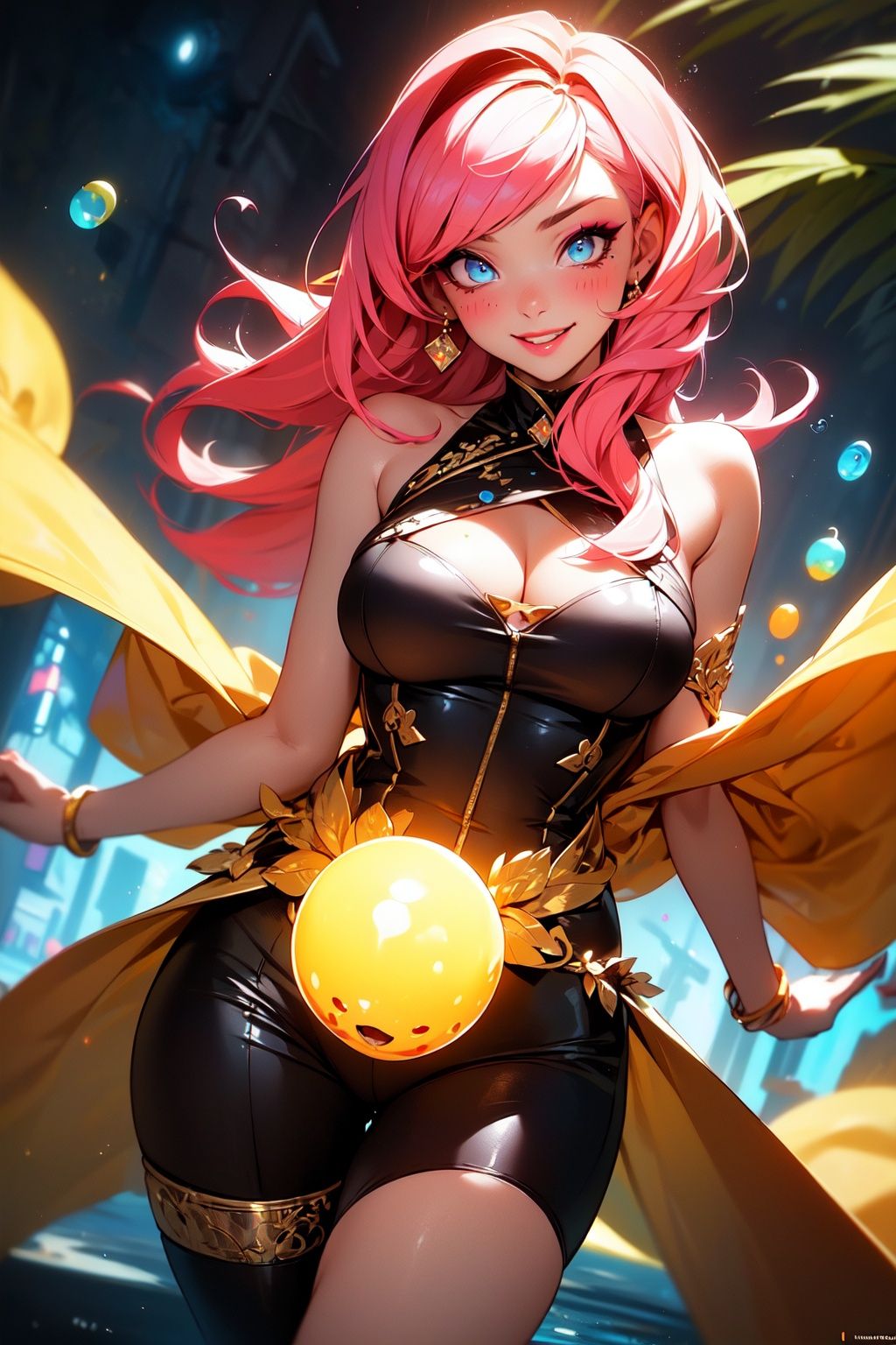 (Masterpiece:1.2), best quality, (illustration:1.2), (ultra-detailed),Eye focus,(Masterfully crafted Glow, pink lens flare), (Cinematic background), hyper details, (delicate detailed), (intricate details), octane render, hdr, (hyperdetailed:1.15), (((colourful))),(soft light:1.2), 1girl, beautiful girl, ultra detailed eyes, mature, plump, thick, rainbow painting drops, paint teardrops, woman made up from paint, entirely paint, splat, splash, outdoors, (bioluminescent hair:1.1),(glowing eyes), ((makeup)),(Cinematic masterpiece), fierce, powerful, splashes of colour absolutely eye-catching, (Cinematic headlight), ((caustic)), dynamic angle, beautiful detailed glow, ambient occlusion, ambient light, raytraced reflections,(best illumination, an extremely delicate and beautiful), ((cinematic light)), (soft:2),(Isekai event), portal into another world, chasing dreams, , (curious), (mysterious), (Exploring new world), (whimsical:2) , intricate background, vibrant, spirits, (bubbly smile),dreamscape, skyscraper, (tree of life), swirl, magic circle, 2 legs, 2 arms