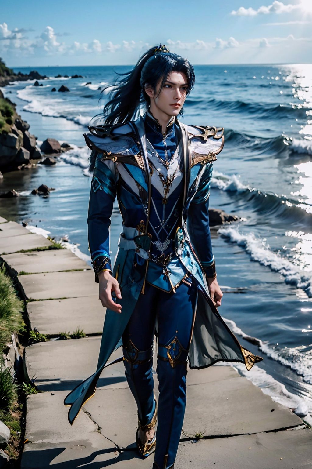 masterpiece,best quality,1boy,armor,upper ,Walking by the seaside,dermatoglyph,the upper part of the body,solo, detailed face and eyes,realistic,1 girl,long legs,(long derss:2),BJ_Daemo