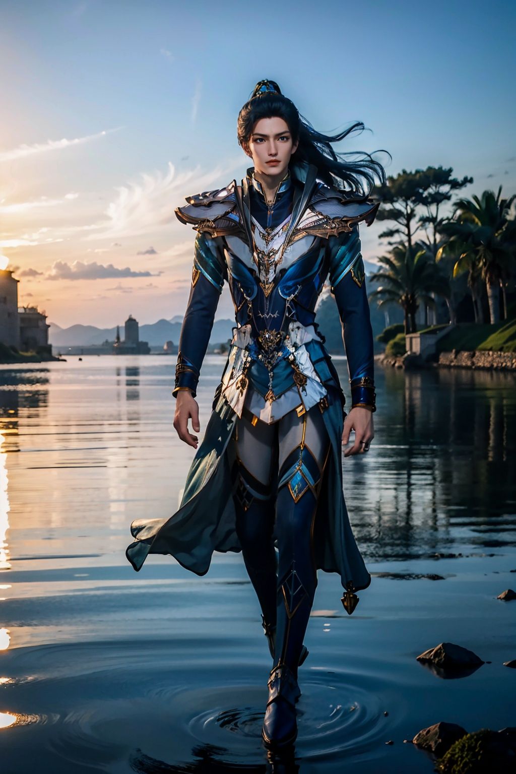 masterpiece,best quality,1boy,armor,upper ,Walking by the seaside,dermatoglyph,whole body,solo, detailed face and eyes,realistic,1 girl,long legs,(long derss:2),BJ_Daemo