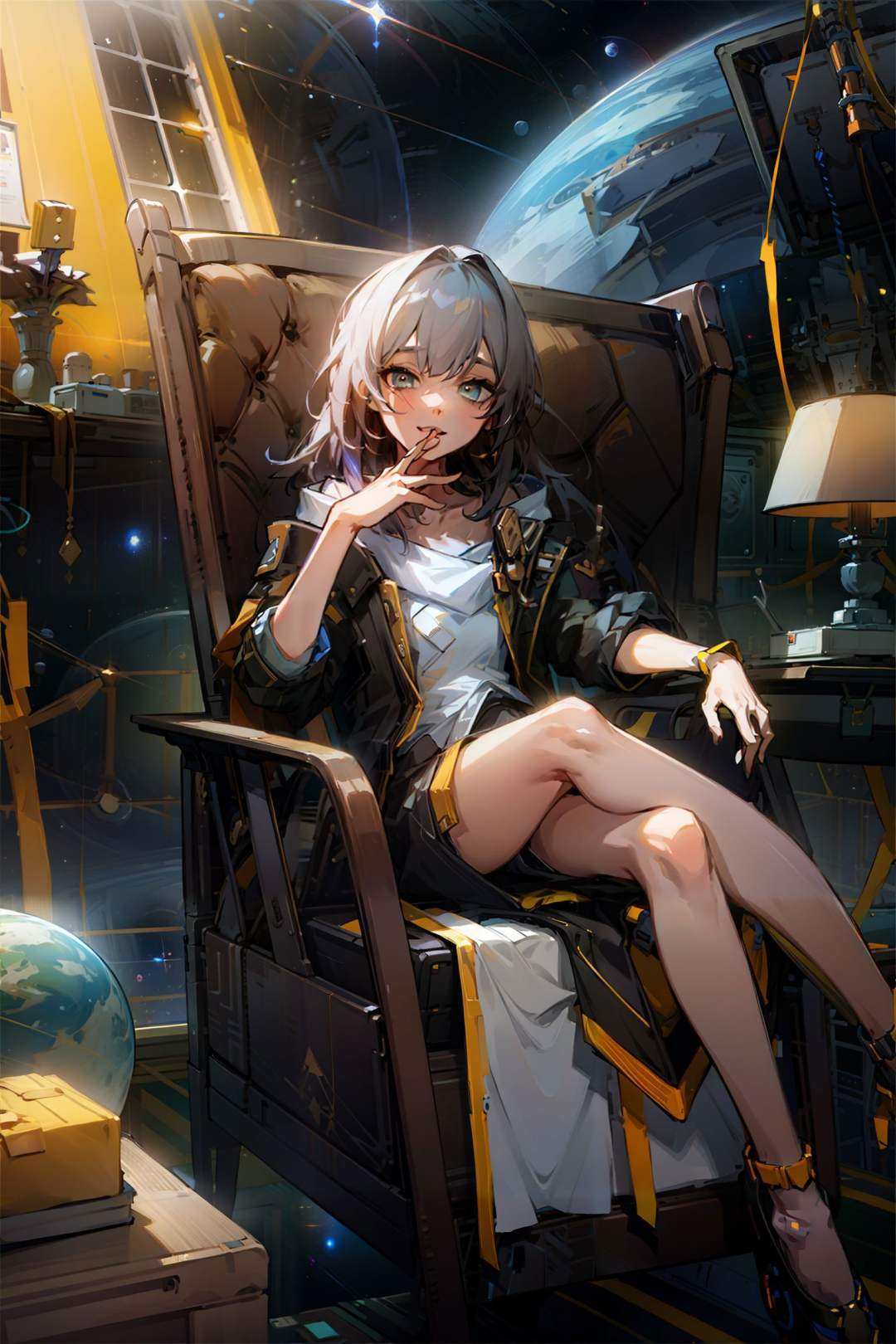 <lora:bengtie_kaituozhe_v1.0:1>,solo,(gloomy eyes:1.3),smile,kaituozhe\(character\),starry sky,(giant planets:1.2),chair,sit,(desk:1.5),space station,hands on the desk,aisle,window,compartments,best quality,masterpiece,illustration,extremely detailed,CG,unity,8k wallpaper,Amazing,finely detail,masterpiece,best quality,official art,extremely detailed CG unity 8k wallpaper,absurdres,incredibly absurdres,ultra-detailed,highres,(pureerosface_v1:0.5),(ulzzang-6500-v1.1:0.5),