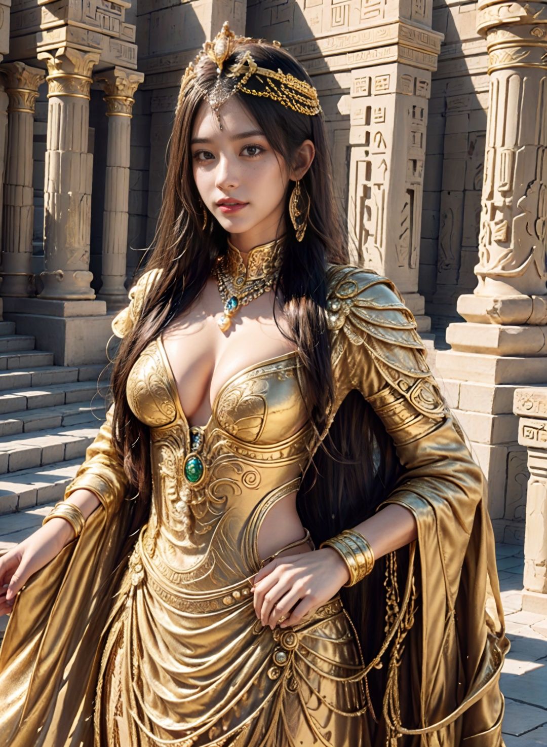 Cleopatra,1girl,Princess,young queen,gold diadem and jewels on her head,looking at the viewer,floating hair,  Clothes with gold lace,elaborate costumes,realistic hyper-detail,mystical,film still,green eyes,green eyes, mole  under  eye,color  contact ,devil  eyes,gradient hairdesert, Egypt, full of mystery,grand scene, real picture quailty, overlocking rendering, natural Light,esthetical, hyper detailed, photorealistic, cinematic light, 8K, HD, DSLR,diamonds ,pearls,Stage style, complex decoration,dreamlike,exquisite and delicate details,long length shot,ultra realistic, 32k , super details, UHD, best quality,shot on fujifilm XT4landscape，Egypt，Roman Columns, Egyptian scenes,scepter(realistic,photorealistic:1.37) <lora:Godlen-Egypt:0.8>