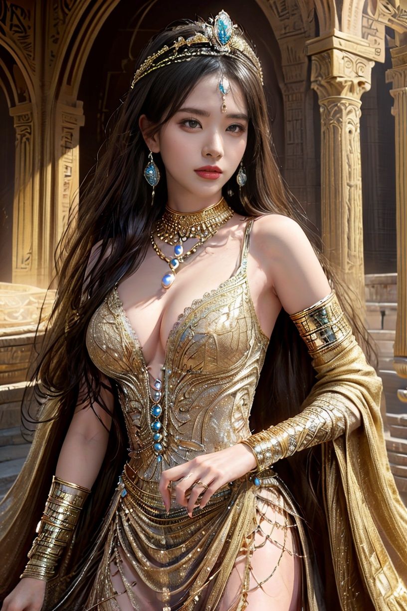 ultra realistic 8k cg,picture-perfect face,flawless,clean,master piece,professional artwork,famous artwork,cinematic lighting,cinematic bloom,perfect face,beautiful face,beautiful eyes,fantasy,dream like,unreal,sciencefiction,huge breasts,beautiful clothes,lace,lacetrim,lace-trimmed leg wear,prestige,luxury,jewelry,diamond,gold,pearl,gem,sapphire,ruby,emerald,intricate detail,delicate pattern,charming,alluring,seductive,erotic,enchanting,hair ornament,neck lace,earrings,bracelet,armlet,halo,((1girl,)) ,solo,Princess,young queen,<lora:Godlen-Egypt:1>
