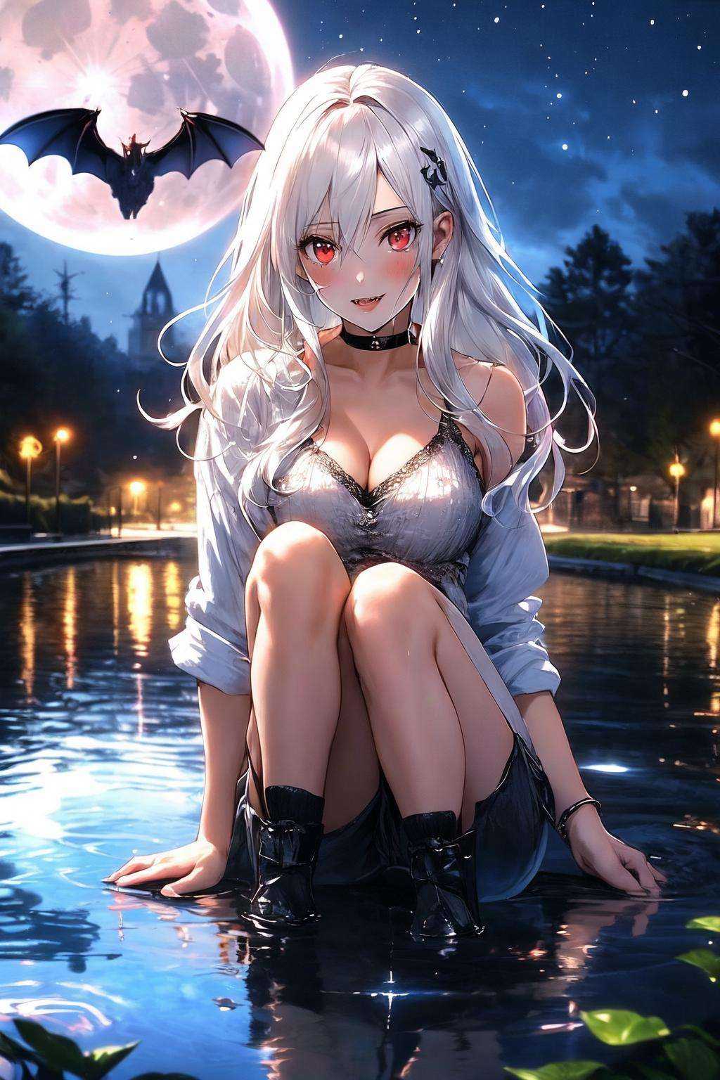 (masterpiece, best quality:1.2), (absurdres, highres, ultra-detailed), (perfect anatomy), BREAK , realistic, 1girl, (vampire girl:1.4), white hair, (red eyes), glowing eyes, slit pupils, (blood, blood splatter), crop top, cleavage, short shorts, collarbone, parted lips, fangs, makeup, blush, night, reflection, full moon, moonlight, rose, castle, shadow, darkness, bat \(animal\) , BREAK , good