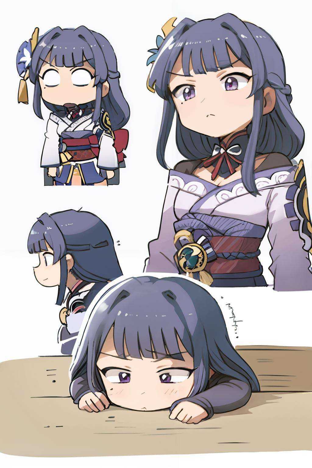 masterpiece, best quality, <lora:raiden:1>,purple hair, long hair,braid,hair ornament,purple eyes,mole, cleavage,shoulder armor, kimono,long sleeves,wide sleeves,sash,obi,tassel,tomoe \(symbol\),vision \(genshin impact\),purple thighhighs,obijime, obiage, <lora:style05:1>,white background, multiple girls, multiple views, comic,border,koma,(chibi:1.5)