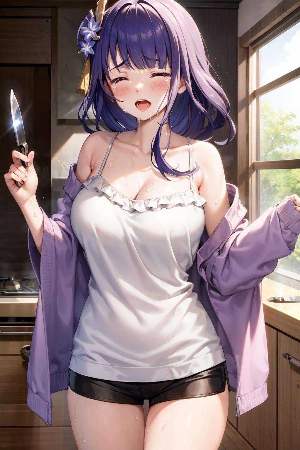 masterpiece, best quality, <lora:raiden:1>,1girl, raiden shogun, breasts, purple hair, long hair, shorts, hair ornament, contemporary, closed eyes, knife, solo, cleavage, bangs, braid, holding knife, large breasts, open mouth, black shorts, alternate costume, mole under eye, blush, casual, holding, blunt bangs, mole, short shorts, electricity, braided ponytail, camisole, flower, indoors, hair flower, long sleeves, kitchen knife, shirt, bare shoulders, collarbone, off shoulder, open clothes, very long hair, weapon, thighs, single braid, holding weapon, dolphin shorts, jacket, sweat, emphasis lines, white shirt, tears, frills, standing, crying, facing viewer, pink jacket, spaghetti strap, sidelocks