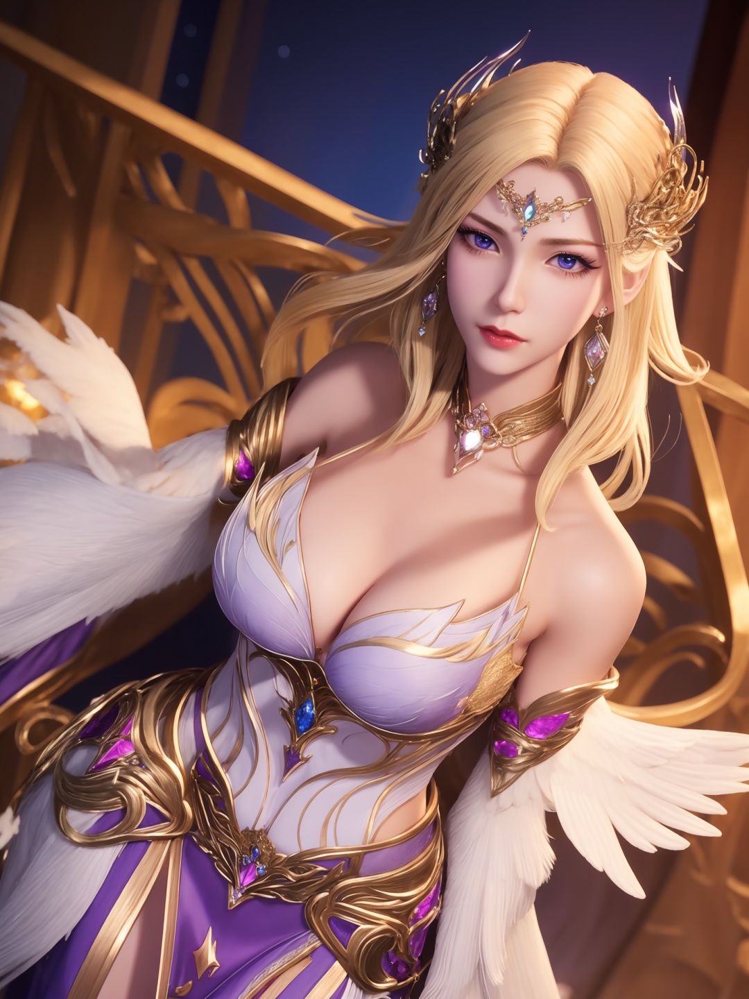 1girl,mature female,looking at viewer,cityscape,night,<lora:dldlQIANRENXUE_20230726144428:0.75>,hair ornament,armor,bare shoulders,jewelry,earrings,cleavage,metal collar, forehead jewel, multicolored dress, cowboy shot, purple dress,blue eyes,white feathers, blonde hair, 
