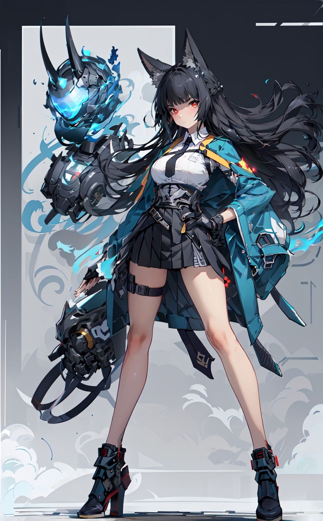 4 girls,Many girls,full-body,each girl has weapons, technological weapons,The overall style is slightly brighter, with a golden mecha **** behind it that exudes a strong sense of technology,masterpiece,best quality,Ultra-high resolution,Realistic,The overall style is golden, with golden armor that shines,sense of reality,The ultimate detail,8K wallpaper,Professional lighting,The perfect hand,Realistic hands,1girl,solo,standing,Technological city background, sunshine, futuristic technology, perfect face,full bodyWearing a mecha,mechanical joint,dynamic posture,machinery,Heela collections,((dynamic pose), technological weapons,
ya, 1girl, solo, red eyes, long hair, black hair, animal ears, necktie, skirt, gloves, wide sleeves, black necktie, shirt,bangs, japanese clothes, green jacket,holding weapon