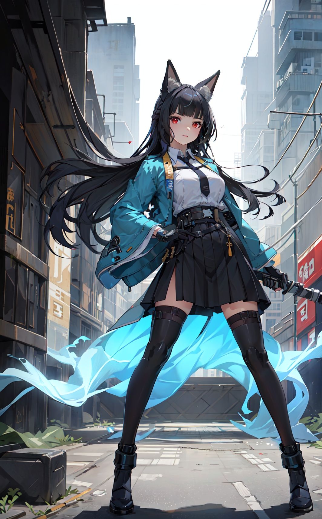 4 girls,Many girls,full-body,each girl has weapons, technological weapons,The overall style is slightly brighter, with a golden mecha **** behind it that exudes a strong sense of technology,masterpiece,best quality,Ultra-high resolution,Realistic,The overall style is golden, with golden armor that shines,sense of reality,The ultimate detail,8K wallpaper,Professional lighting,The perfect hand,Realistic hands,1girl,solo,standing,Technological city background, sunshine, futuristic technology, perfect face,full bodyWearing a mecha,mechanical joint,dynamic posture,machinery,Heela collections,((dynamic pose), technological weapons,
ya, 1girl, solo, red eyes, long hair, black hair, animal ears, necktie, skirt, gloves, wide sleeves, black necktie, shirt,bangs, japanese clothes, green jacket,holding weapon