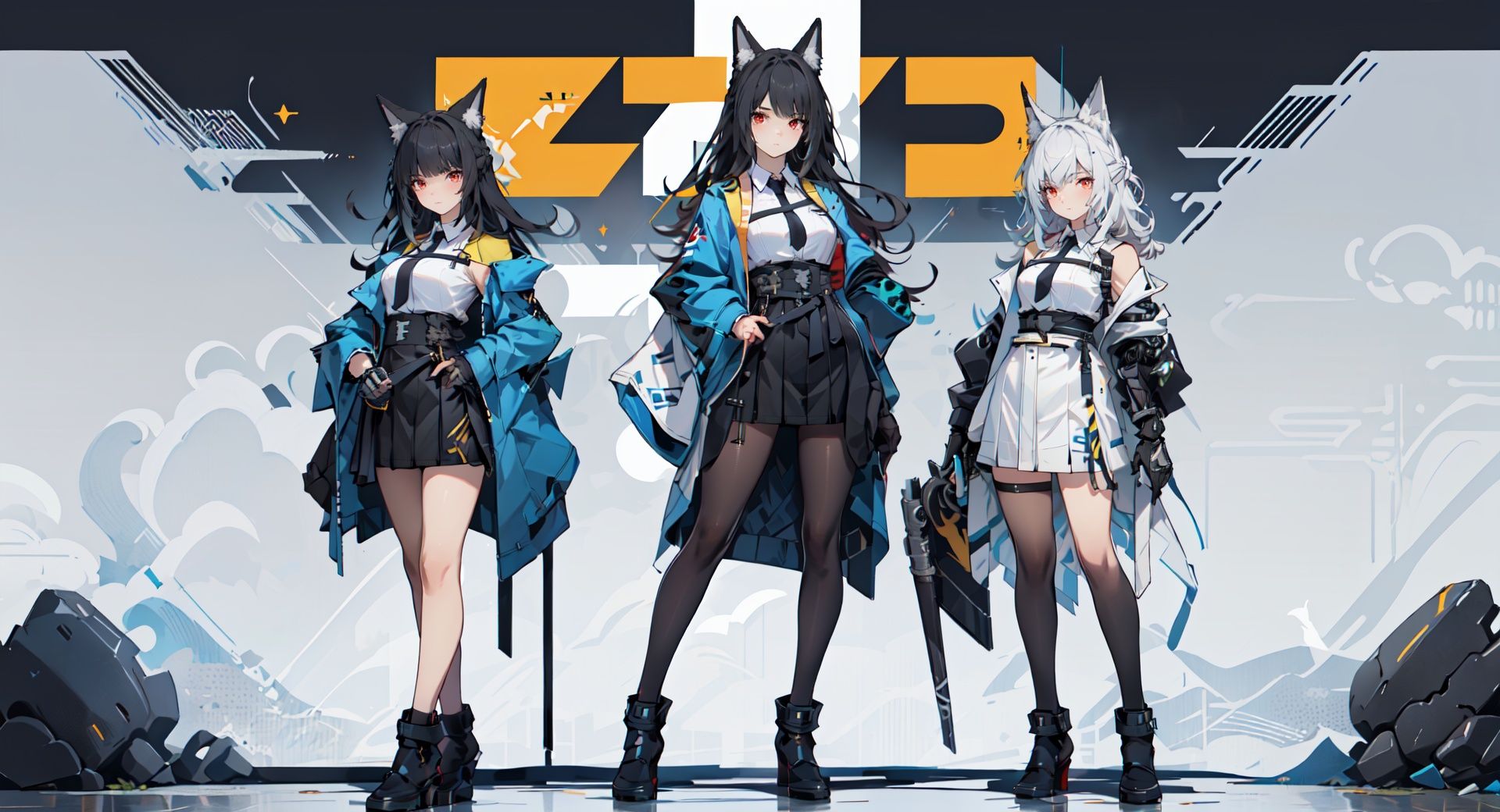 4 girls,Many girls,full-body,each girl has weapons, technological weapons,The overall style is slightly brighter, with a golden mecha **** behind it that exudes a strong sense of technology,masterpiece,best quality,Ultra-high resolution,Realistic,The overall style is golden, with golden armor that shines,sense of reality,The ultimate detail,8K wallpaper,Professional lighting,The perfect hand,Realistic hands,1girl,solo,standing,Technological city background, sunshine, futuristic technology, perfect face,full bodyWearing a mecha,mechanical joint,dynamic posture,machinery,Heela collections,((dynamic pose), technological weapons,
ya, 1girl, solo, red eyes, long hair, black hair, animal ears, necktie, skirt, gloves, wide sleeves, black necktie, shirt,bangs, japanese clothes, green jacket,holding weapon
