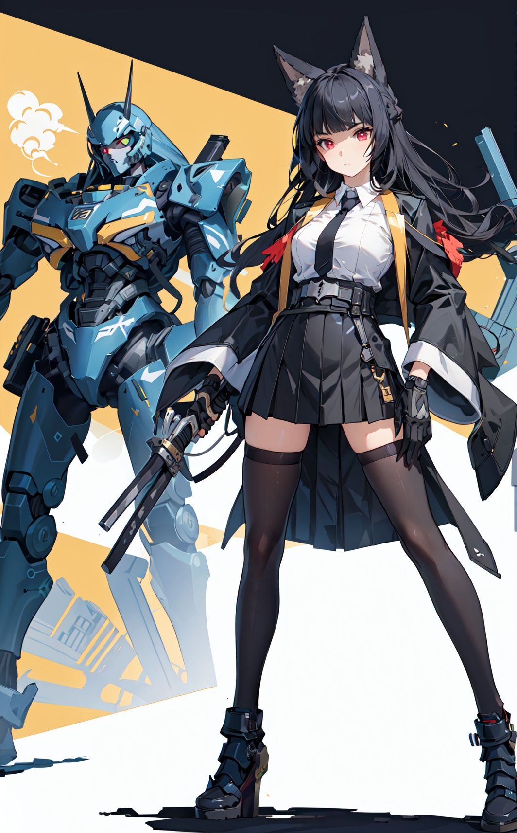 4 girls,Many girls,full-body,each girl has weapons, technological weapons,The overall style is slightly brighter, with a golden mecha **** behind it that exudes a strong sense of technology,masterpiece,best quality,Ultra-high resolution,Realistic,The overall style is golden, with golden armor that shines,sense of reality,The ultimate detail,8K wallpaper,Professional lighting,The perfect hand,Realistic hands,1girl,solo,standing,Technological city background, sunshine, futuristic technology, perfect face,full bodyWearing a mecha,mechanical joint,dynamic posture,machinery,Heela collections,((dynamic pose), technological weapons,
ya, 1girl, solo, red eyes, long hair, black hair, animal ears, necktie, skirt, gloves, wide sleeves, black necktie, shirt,bangs, japanese clothes, green jacket,holding weapon