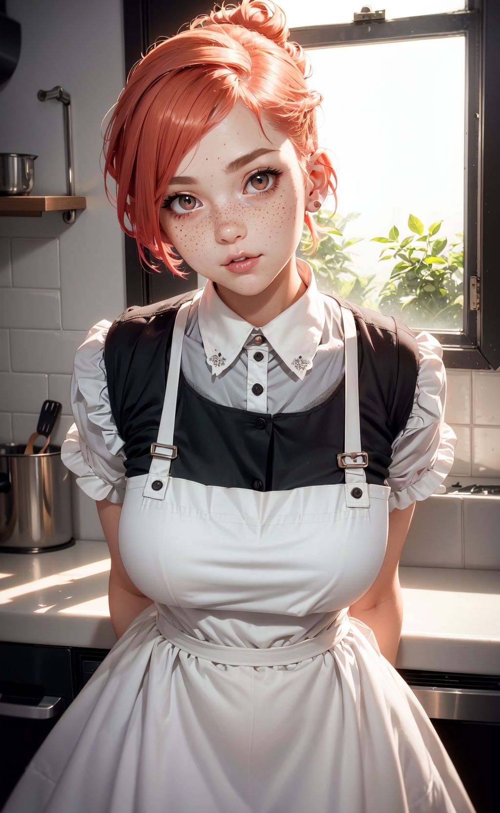 a closeup portrait of a playful maid,  undercut hair,  apron on Tensor.Art