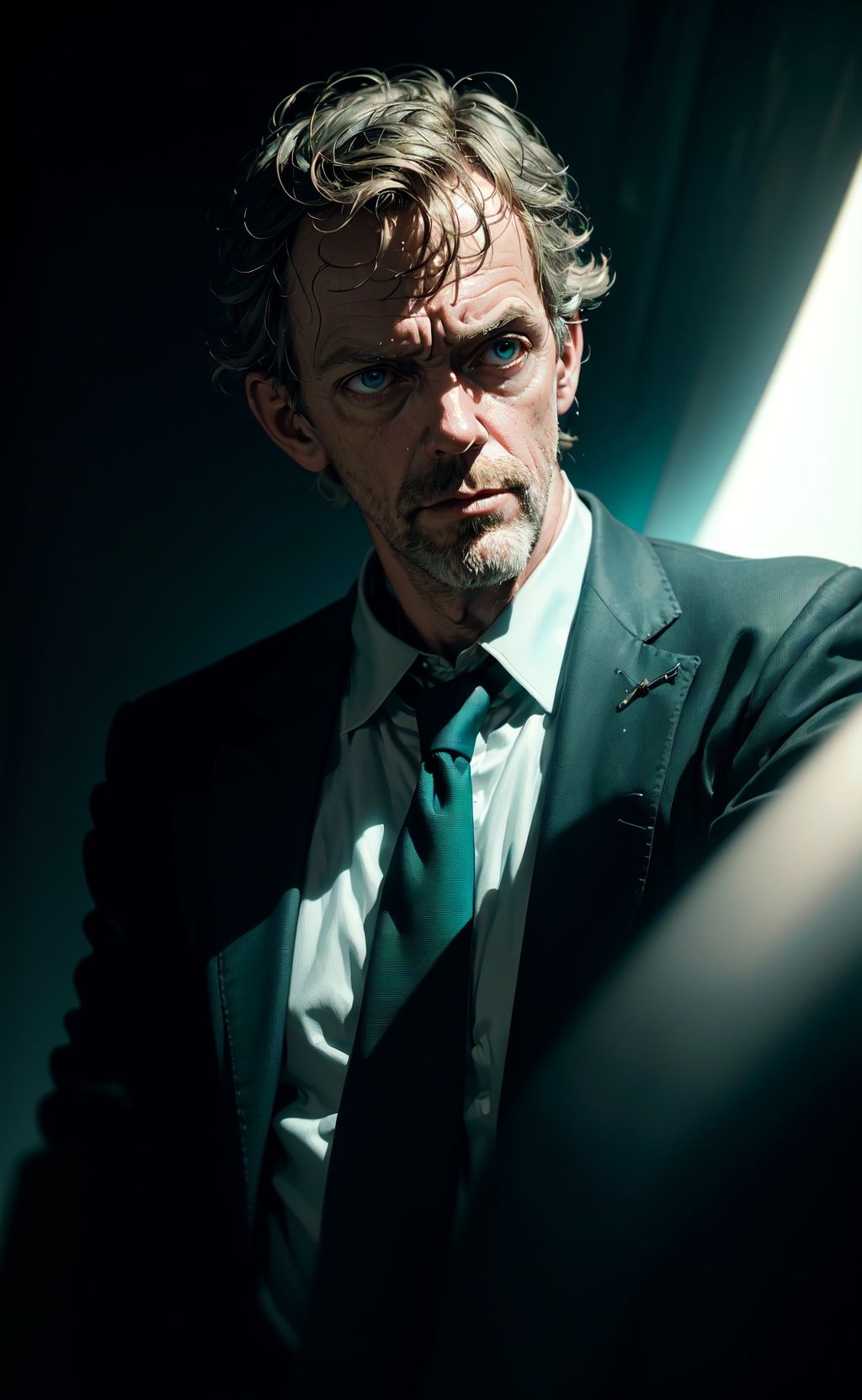 portrait of a award winning photo of hugh laurie posing in a dark studio,  two tone lighting,  sharp focus on Tensor.Art