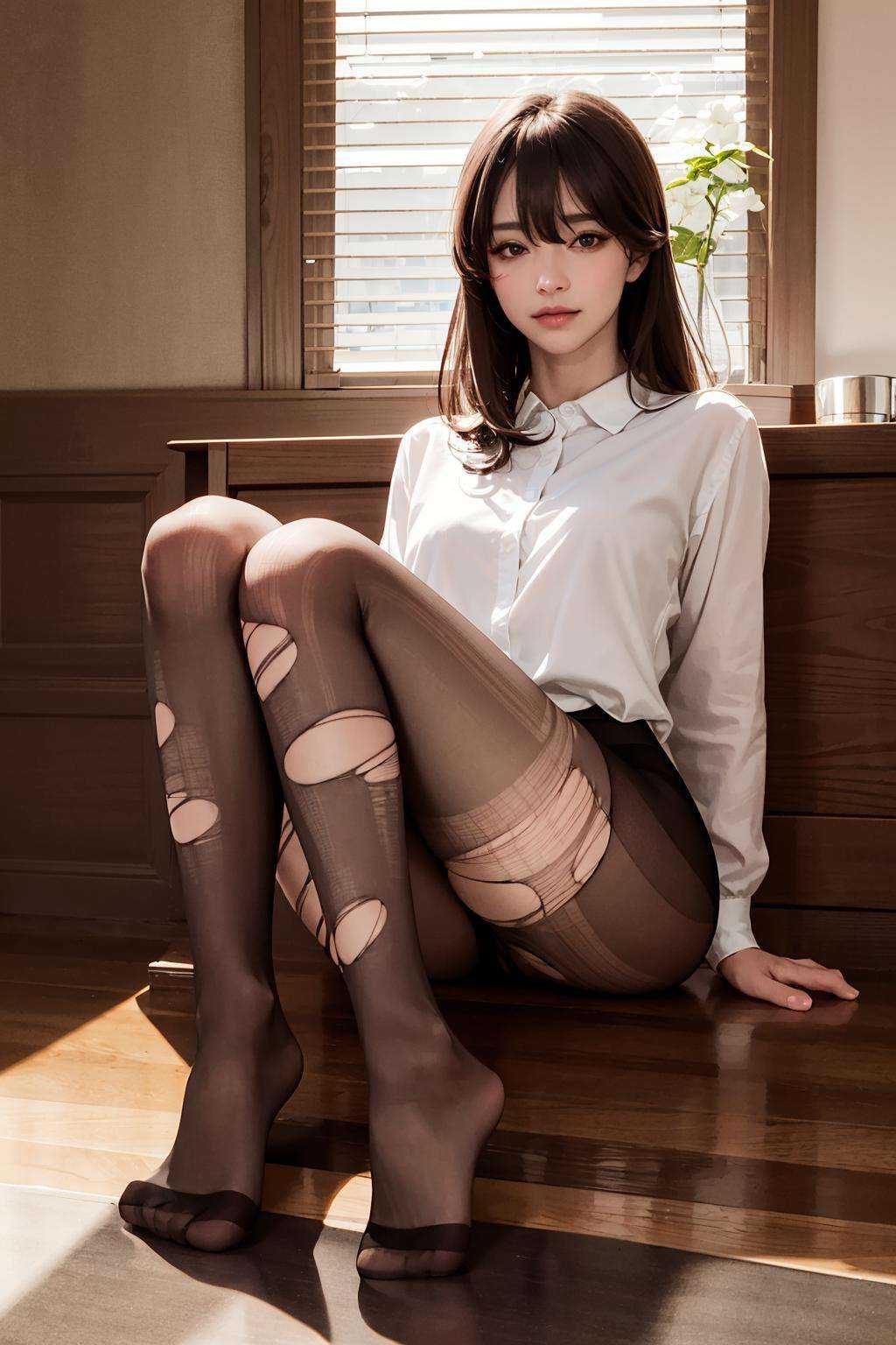 masterpiece, best quality, realistic, 8k, official art, cinematic light, ultra high res, 1girl, white shirt, torn pantyhose, sitting, bedroom, sunlight, looking at viewer, <lora:torn_pantyhose_02:1:TEST>