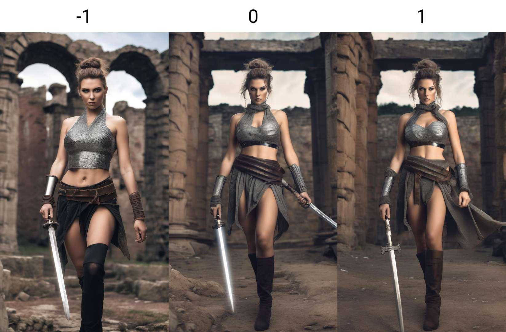 slender woman in chainmail halter top,  hair in messy bun,  big breasts on Tensor.Art