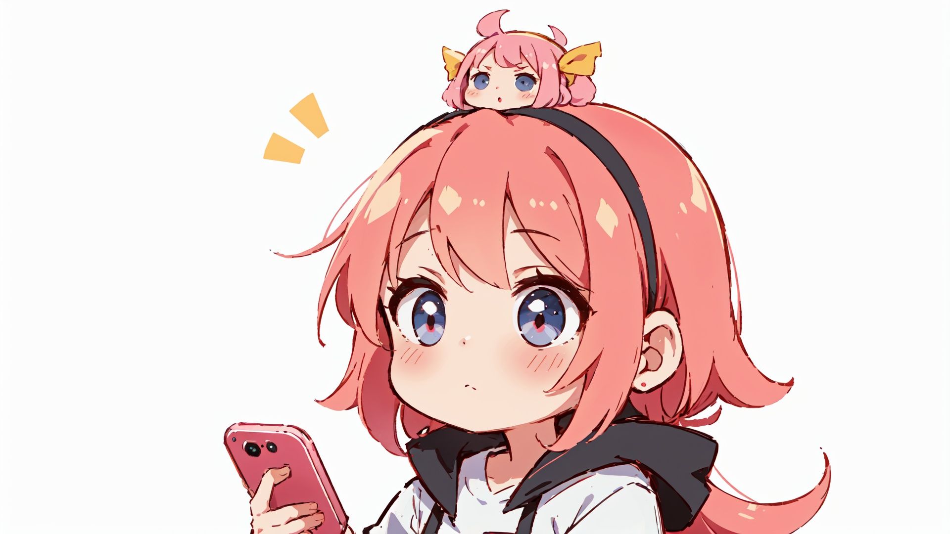 a pink haired anime girl with a phone in her hand and a headband on her head, with a white background, Aya Goda, remodernism, no text, pixel art